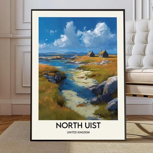 May include: Framed art print featuring a landscape painting of North Uist, United Kingdom. The artwork depicts a coastal scene with a stream, two small buildings, and a bright blue sky with fluffy white clouds. The text "NORTH UIST UNITED KINGDOM" is at the bottom.