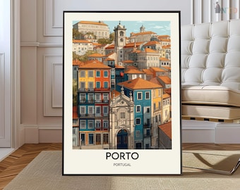 Portugal Poster Print, Ribeira Skyline and Douro River Wall Art, Vintage Cityscape Decor, European Travel Gift