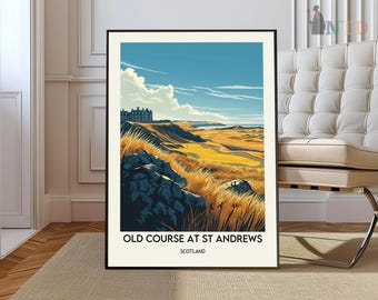 May include: A vintage-style poster featuring a scenic view of the Old Course at St Andrews, Scotland. The poster depicts a green golf course with a building in the distance and a rocky outcrop in the foreground. The text "OLD COURSE AT ST ANDREWS" and "SCOTLAND" is printed at the bottom of the poster.