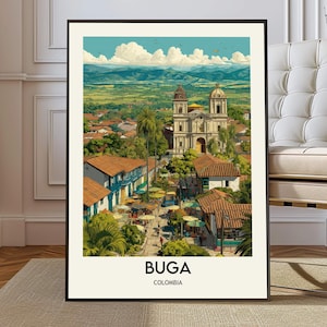 Może przedstawiać: Oprawiony wydruk artystyczny Buga, Kolumbia, z szczegółową ilustracją krajobrazu miejskiego. Grafika przedstawia kościół z dwiema wieżami dzwonniczymi, czerwonymi dachówkami i bujną zieloną roślinnością. Słowa "BUGA" i "COLOMBIA" są wydrukowane na dole.