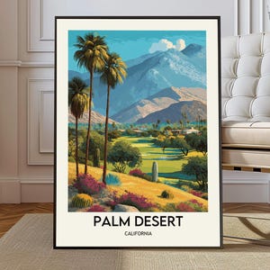 Könnte beinhalten: Ein gerahmter Kunstdruck mit einer farbenfrohen Landschaft von Palm Desert, Kalifornien. Das Kunstwerk zeigt Palmen, Berge und einen Golfplatz unter blauem Himmel. Der Text "PALM DESERT CALIFORNIA" befindet sich unten.