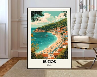 May include: A vintage travel poster featuring a colorful illustration of a beach scene in Búzios, Brazil. The poster has a black frame and the text "Búzios, Brazil" at the bottom.