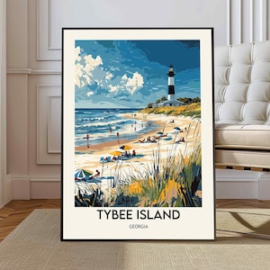 May include: A colourful illustration of Tybee Island, Georgia, featuring a white and black lighthouse on a sandy beach with people and umbrellas. The text "Tybee Island" and "Georgia" is at the bottom of the image.