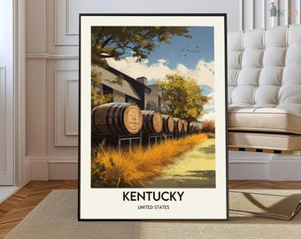 Kentucky USA Poster, Bluegrass State Horse Farm Wall Art, Scenic Rolling Hills Landscape Illustration