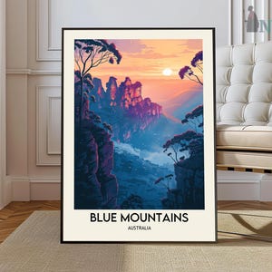 Póster de las Montañas Azules, impresión de viaje a Australia, decoración australiana, póster de viaje a Oceanía, arte de pared de las Montañas Azules, regalo de las Montañas Azules