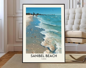Peut inclure: Une affiche encadrée de Sanibel Beach, Floride. L'œuvre représente une scène de plage ensoleillée avec une eau turquoise, des vagues blanches et une plage de sable. Le texte "SANIBEL BEACH FLORIDA" est imprimé en bas.
