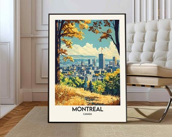 Op de afbeelding: Een vintage reisposter met een schilderachtig uitzicht op Montreal, Canada. De poster toont een stadsbeeld met hoge gebouwen en een weelderig groen bos op de voorgrond. De tekst "Montreal, Canada" is onderaan de poster gedrukt.