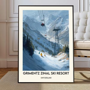 Poster Grimentz Zinal Ski Resort Zwitserland, kunst aan de muur alpenski Val d'Anniviers, schilderachtige Zwitserse Alpen winterillustratie