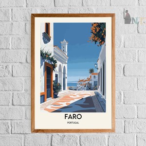 May include: A colorful illustration of a street scene in Faro, Portugal. The image features a narrow street lined with white buildings, a blue sky, and a few palm trees. The text "FARO PORTUGAL" is at the bottom of the image.
