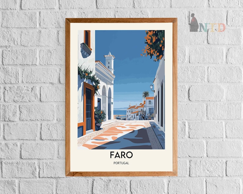 May include: A colorful illustration of a street scene in Faro, Portugal. The image features a narrow street lined with white buildings, a blue sky, and a few palm trees. The text "FARO PORTUGAL" is at the bottom of the image.
