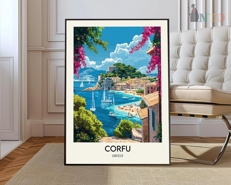 May include: A framed print of a colorful painting depicting a seaside town with boats in the water. The town is surrounded by lush green trees and the sky is blue with white clouds. The text "CORFU GREECE" is printed at the bottom of the print.