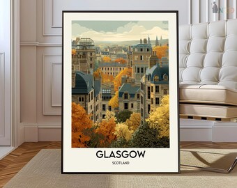 Glasgow Scotland Poster, River Clyde Skyline Wall Art, Historic & Modern Cityscape Illustration