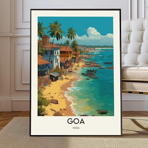 May include: A framed art print of Goa, India, featuring a coastal scene with colorful buildings, palm trees, and boats on the turquoise water. The artwork has a vintage travel poster style, with the word "GOA" and "INDIA" at the bottom.