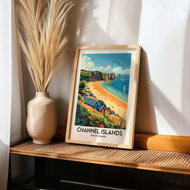 May include: A vintage-style travel poster featuring a colorful illustration of a beach scene with blue water, a sandy shore, and colorful houses. The text on the poster reads "Channel Islands, English Channel".