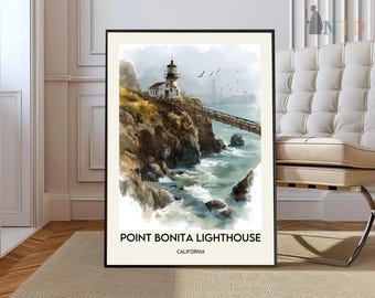 May include: A framed watercolor print of the Point Bonita Lighthouse in California. The artwork depicts the lighthouse on a cliff overlooking the ocean, with a bridge and the Golden Gate Bridge in the background. The text "POINT BONITA LIGHTHOUSE CALIFORNIA" is at the bottom.