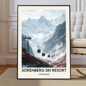 Sörenberg Ski Resort Switzerland Poster, Lucerne Alps Alpine Ski Wall Art, Scenic Winter Mountain Landscape Illustration, Sorenberg map