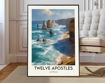 Twelve Apostles Australia Poster Print, Great Ocean Road Sea Stack Coastline Wall Art, Scenic Victoria Map Decor, Travel Illustration Gift