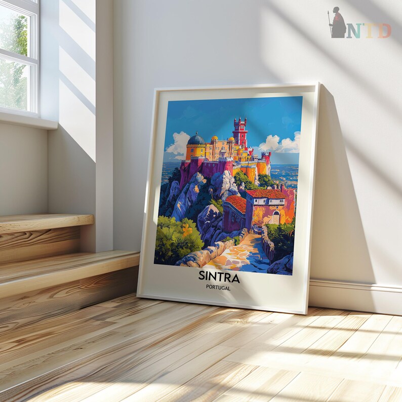 May include: A colorful illustration of Pena National Palace in Sintra, Portugal. The palace is perched on a rocky hilltop with a winding path leading up to it. The sky is blue with white clouds. The text "SINTRA PORTUGAL" is at the bottom of the image.