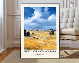 Plakat z Parkiem Narodowym Wind Cave, Ścienna grafika Black Hills Prairie & Cave System, Dekoracja mapy malowniczej Dakoty Południowej, Prezent na podróż do natury