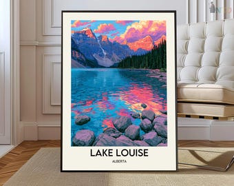 Lake Louise Poster Print | Banff Alberta Rocky Mountain Wall Art | Canadian Rockies Glacier Lake Map Decor | Travel Illustration Gift