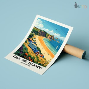 May include: A colorful illustration of a beach scene with colorful beach huts, a sandy beach, and a blue ocean. The text "CHANNEL ISLANDS ENGLISH CHANNEL" is at the bottom of the image.