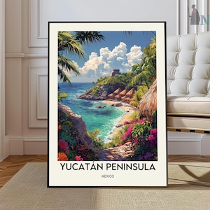 May include: A vintage travel poster featuring a colorful illustration of a tropical beach scene with lush green foliage, turquoise water, and a white sandy beach. The poster has the text "YUCATÁN PENINSULA MEXICO" at the bottom.