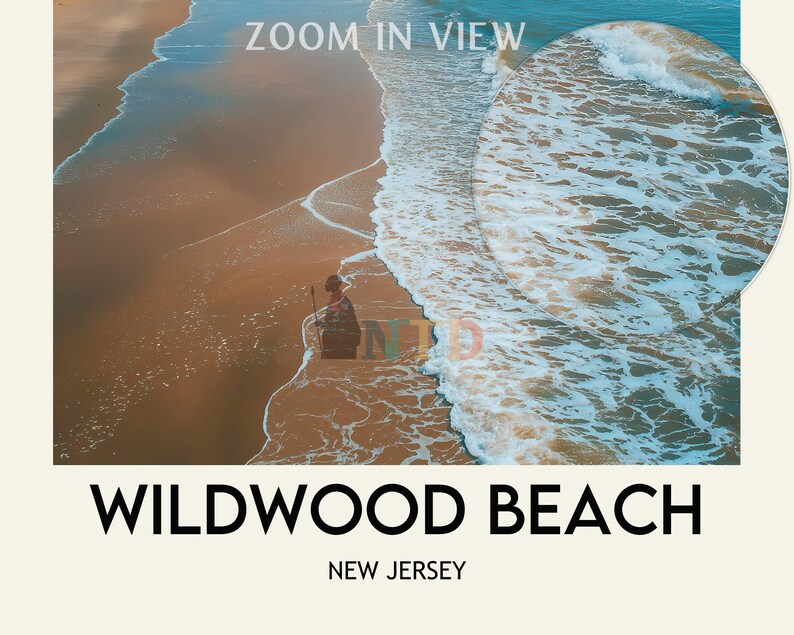 May include: A coastal scene showing waves breaking on the shore. The image includes a person on the beach and the text "ZOOM IN VIEW" and "WILDWOOD BEACH NEW JERSEY". The colour scheme features blues, browns, and white.
