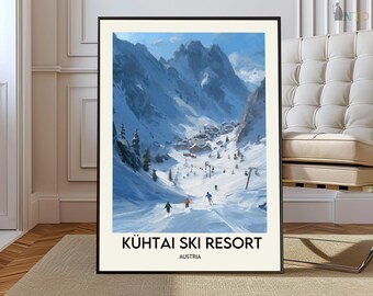 Plakat z ośrodka narciarskiego Kühtai w Austrii, wydruk z podróży Kuhtai, Tyrolski ośrodek narciarski w Alpach, ilustracja zimowego krajobrazu w austriackich Alpach
