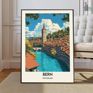 May include: A colorful illustration of the city of Bern, Switzerland. The image features a tall church tower with a clock face, a river flowing through the city, and a variety of buildings in the background. The text "BERN SWITZERLAND" is printed at the bottom of the image.
