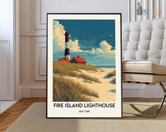 Plakat z latarnią morską Fire Island, grafika ścienna z latarnią morską Fire Island, wydruk z latarnią morską Fire Island, zdjęcie latarni morskiej Fire Island, Fire Island, NY