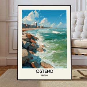 Plakat z Ostendy w Belgii, sztuka ścienna miasta nad Morzem Północnym, ilustracja krajobrazu nadmorskiego Flandrii