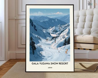 GALA 湯沢スノーリゾート 日本ポスター、新潟アルペンスキー ウォールアート、越後湯沢 冬山イラスト