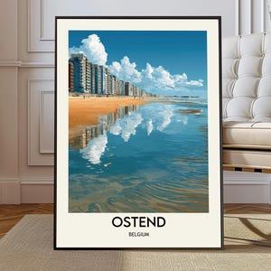 Plakat podróżniczy: plaża i promenada w Ostendzie, wydruk miejski w Ostendzie - Belgia, prezent podróżniczy: plaża i promenada w Ostendzie, pobieranie cyfrowe