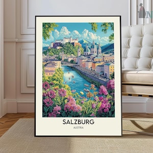 Salzburg Austrian travel poster, Salzburg City Travel Art Wall Decor, Home Decor Wall Art Travel Poster Gifts, Austrian Travel Print