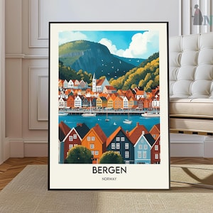 Impressão de viagem de Bergen, impressão de pôster de Bergen, arte de parede de Bergen, decoração de parede de viagem da moda de Bergen, presentes de aniversário