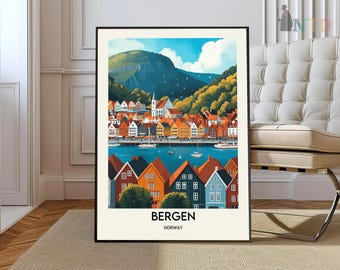 Bergen Norway Travel Print, Bergen Poster Print, Bergen Norway Wall Art, Bergen Trendy Travel Wall Decor, Birthday Gifts
