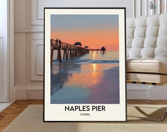 Póster del muelle de Naples, Florida, arte mural de playa con puesta de sol en la costa del Golfo, ilustración de paisaje oceánico panorámico.
