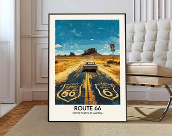 Könnte beinhalten: Ein gerahmter Kunstdruck, der die Route 66 in den Vereinigten Staaten zeigt. Das Kunstwerk zeigt ein klassisches Auto auf der Straße, mit den ikonischen Route 66-Schildern im Vordergrund. Die Landschaft zeigt eine Wüstenlandschaft mit einem Berg im Hintergrund.