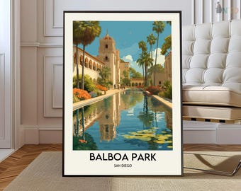 Balboa Park San Diego Poster, California Gardens & Spanish Architecture Wall Art, Scenic City Landscape Illustration