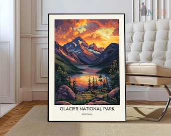 Plakat z Parku Narodowego Glacier: Wydruk podróżniczy Montana Rocky Mountains
