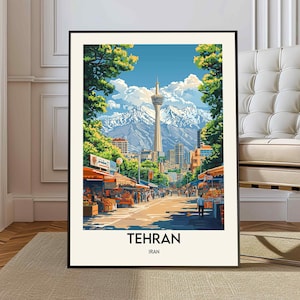 May include: A colorful illustration of a cityscape with a tall tower in the center. The city is surrounded by mountains and there are trees and buildings in the foreground. The text "TEHRAN" and "IRAN" is at the bottom of the image.