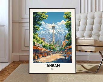 May include: A colourful illustration of a cityscape with a tall tower in the centre. The city is surrounded by mountains and there are trees and buildings in the foreground. The text "TEHRAN" and "IRAN" is at the bottom of the image.