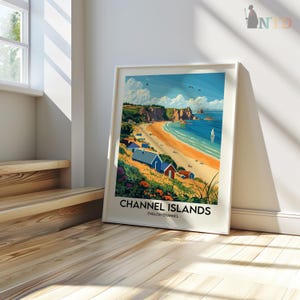 May include: A vintage travel poster featuring a colorful illustration of a beach scene with blue water, a sandy beach, and colorful beach huts. The poster has the text "CHANNEL ISLANDS ENGLISH CHANNEL" at the bottom.