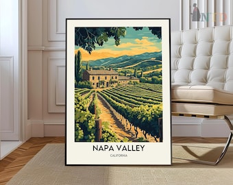 Puede incluir: Un cartel de viaje vintage que presenta una vista panorámica del valle de Napa, California. El cartel muestra un viñedo con hileras de vides, una casa de piedra y colinas onduladas en el fondo. El texto "NAPA VALLEY, CALIFORNIA" está impreso en la parte inferior del cartel.