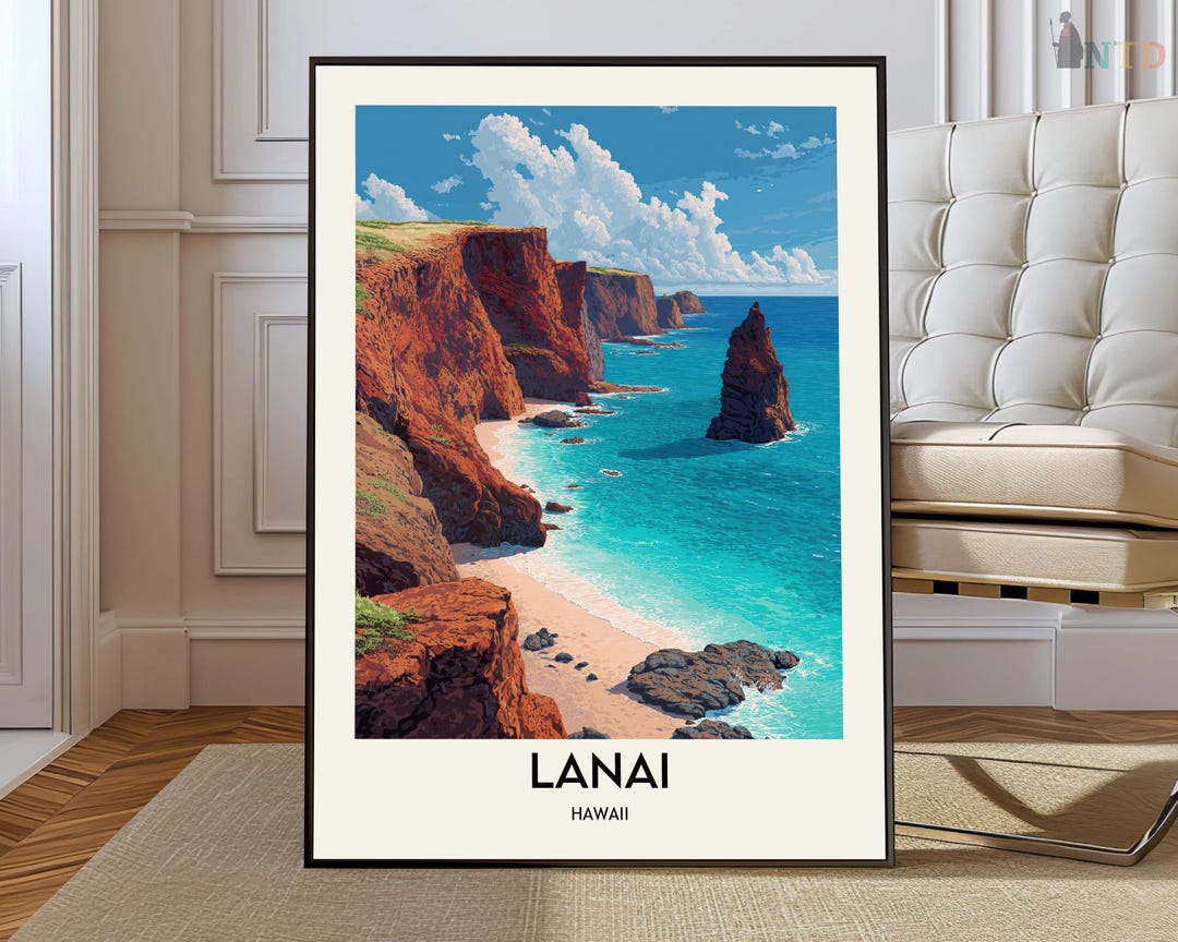 Lāna'i Hawaii Poster, Tropical Island Beach Wall Art, Scenic