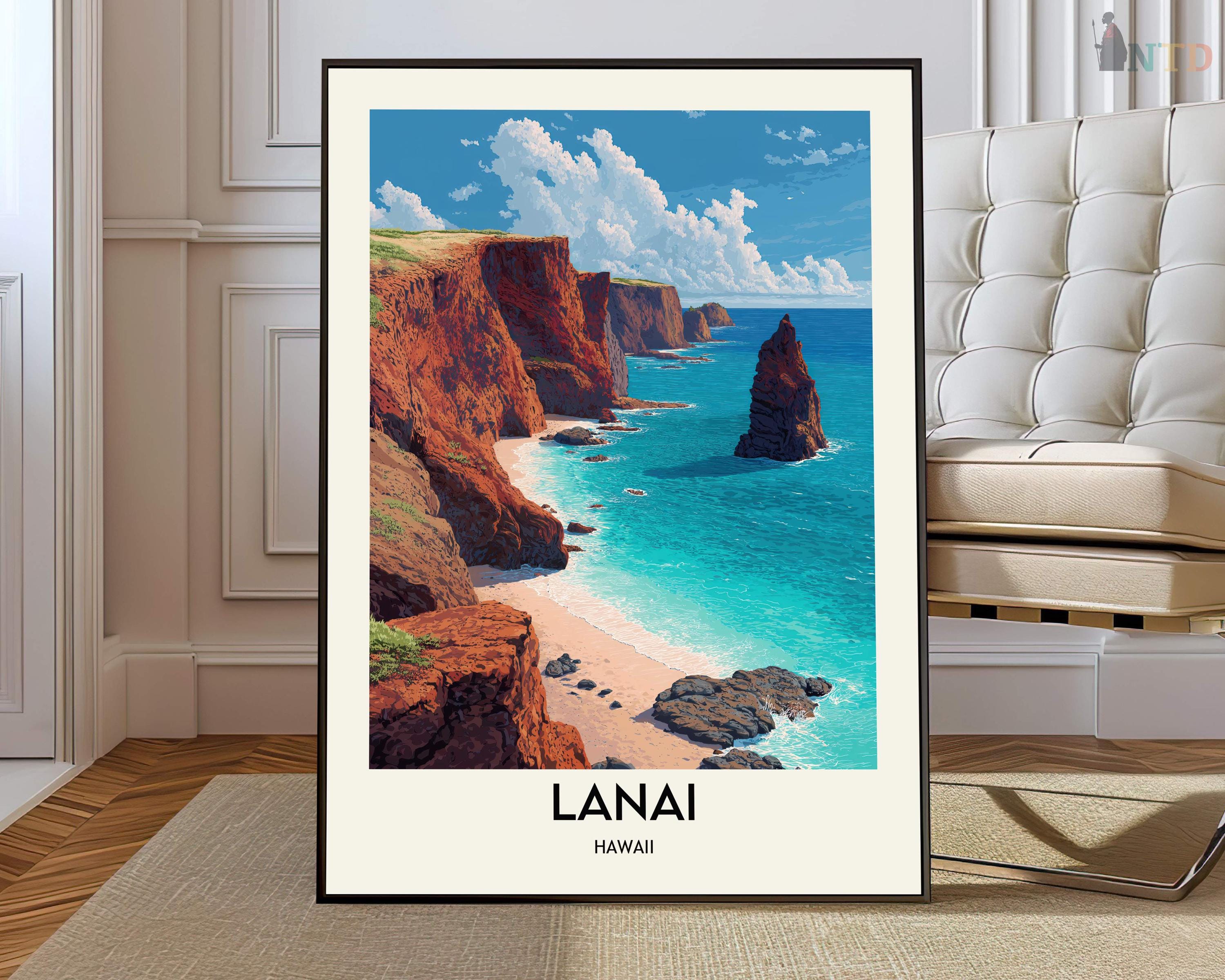 Lāna'i Hawaii Poster, Tropical Island Beach Wall Art, Scenic