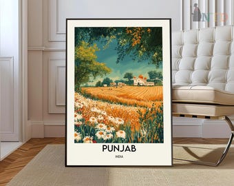 May include: A framed art print featuring a vibrant landscape of Punjab, India. The artwork depicts a field of golden wheat, white and yellow wildflowers, and a traditional building under a blue sky. The word "PUNJAB" and "INDIA" are printed at the bottom.