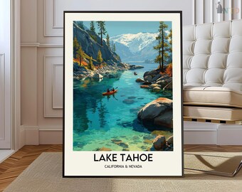 May include: A framed art print of Lake Tahoe, California & Nevada. The artwork depicts a vibrant lake scene with clear turquoise water, rocky shores, and snow-capped mountains in the background. Two kayaks are on the water. The text "LAKE TAHOE" is at the bottom.