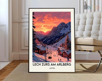 Lech Zurs am Arlberg Austria Travel Print Skiing Wall Decor Alpine Home Living Decor Austria Illustration Travel Poster Gift for Ski Lovers