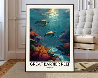 オーストラリアのグレートバリアリーフのポスター、クイーンズランドのサンゴ礁の海のウォールアート、熱帯の海洋風景のイラスト